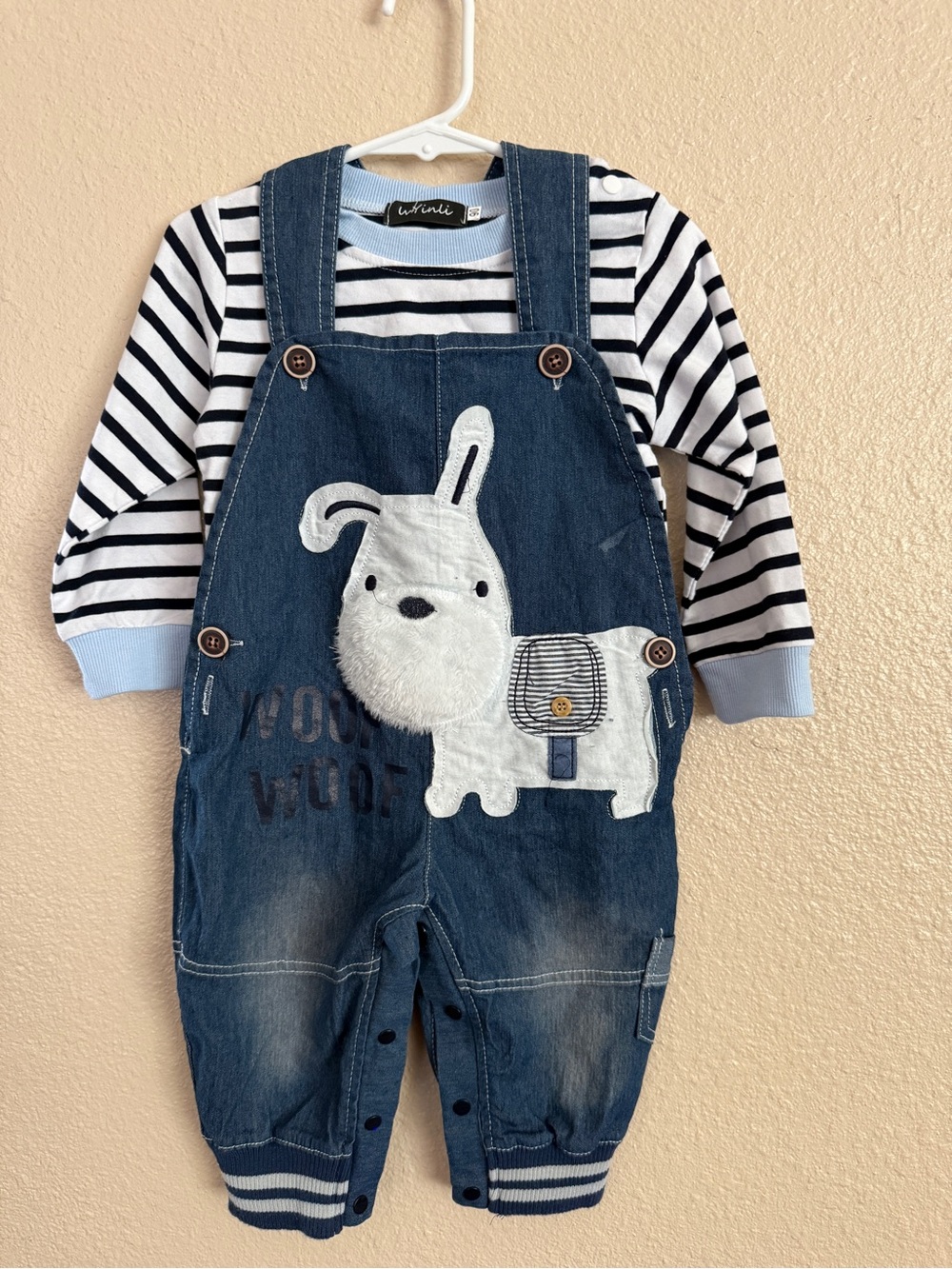 Toddler Navy Denim Dog Applique Overalls with Striped Top
